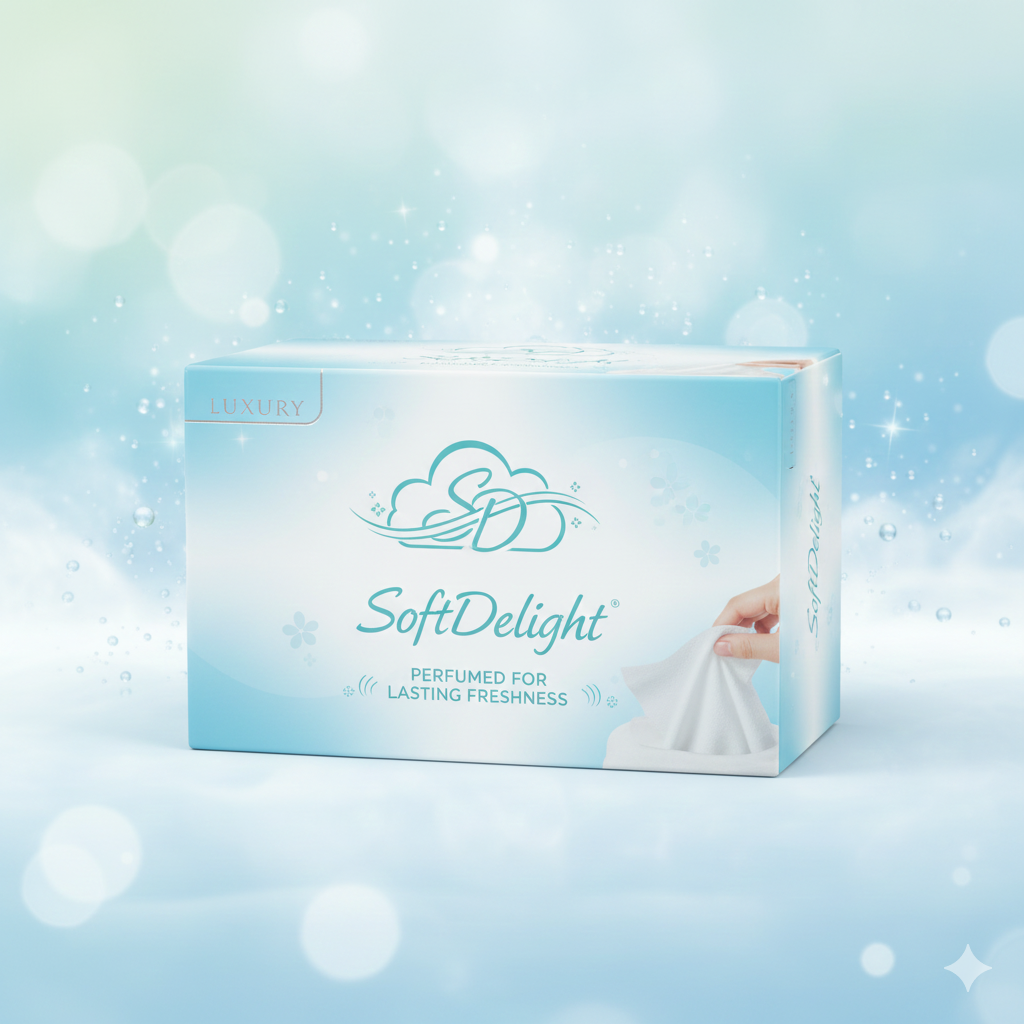 Custom company logo embossed SoftDelight paper napkin in a conference room setting, highlighting premium quality and hygienic corporate tissue supplies.